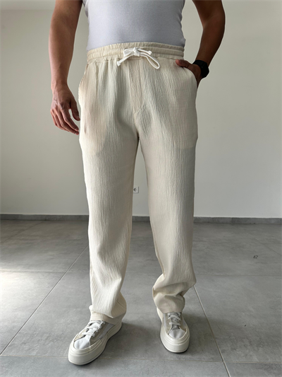 Bej Renk Müslin Keten Baggy Pantolon