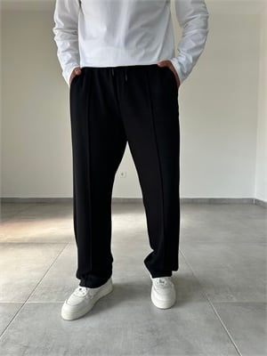 Siyah Renk Modal Kumaş Ön Kısmı Çımalı Basic Baggy Pantolon
