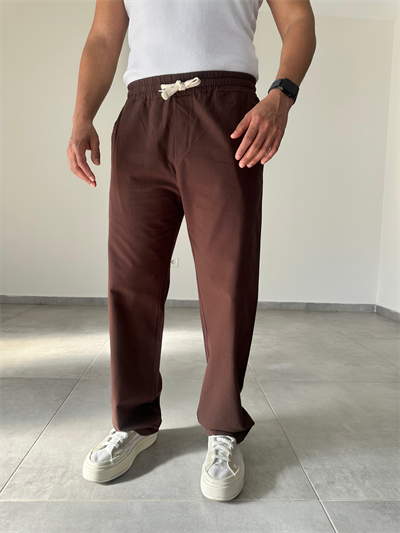 Kahve Renk Yıkamalı Bel Kısmı Lastikli Baggy Keten Pantolon