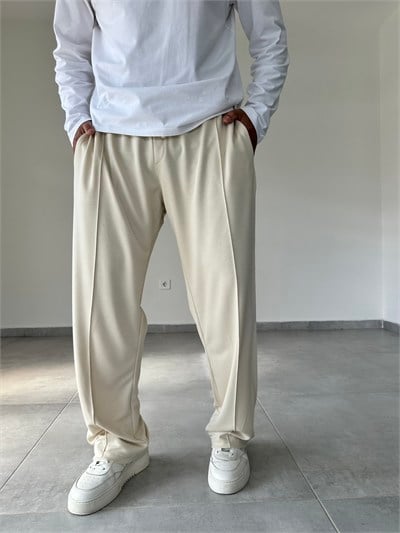 Bej Renk Modal Kumaş Ön Kısmı Çımalı Basic Baggy Pantolon