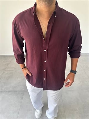 Mürdüm Renk Oversize Kesim Fresh Keten Gömlek