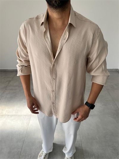 Modal Kumaş Bej Renk Oversize Kesim Gömlek