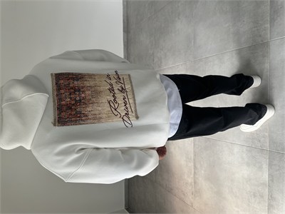 Pantch Ve Baskı Detaylı Beyaz Renk Premium Kapüşonlu Sweatshirt