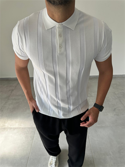 Polo Yaka  Şerit Detaylı Beyaz Renk Triko T-Shirt