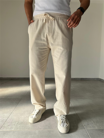 Bej Renk Yıkamalı Bel Kısmı Lastikli Baggy Keten Pantolon
