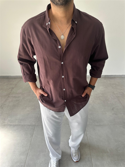 Kahve Renk Oversize Kesim Fresh Keten Gömlek