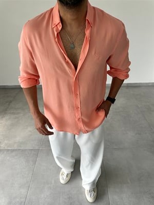 Somon Renk Tensel Kumaş Nakış Detaylı Rahat Kesim Gömlek