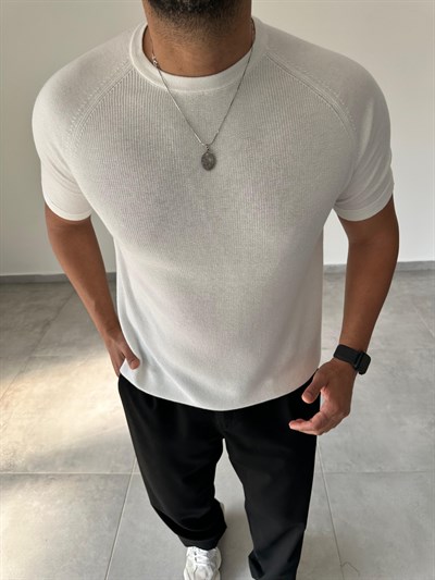 Reglan Kol Detaylı Beyaz Renk Premium Kalite Basic Triko T-Shirt