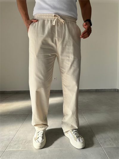 Bej Renk Yıkamalı Bel Kısmı Lastikli Baggy Keten Pantolon
