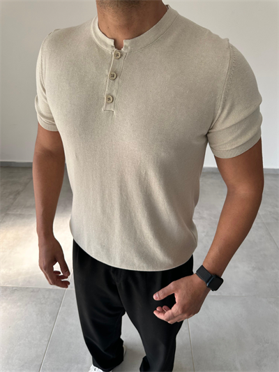 Düğme Detaylı Bej Renk  Premium Kalite Basic Triko T-Shirt
