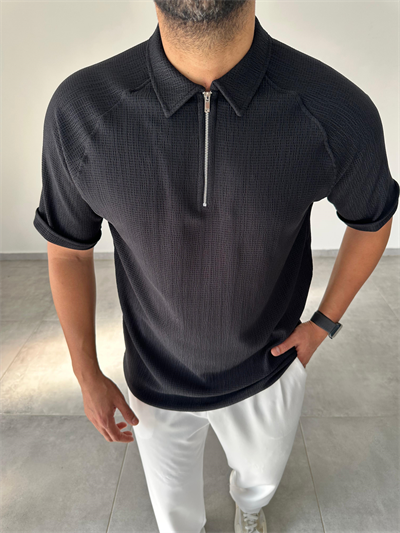 Siyah Renk Fermuarlı Polo Yaka T-Shirt
