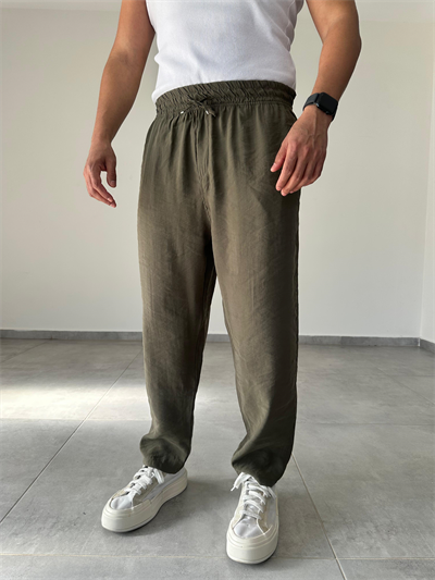Tensel Kumaş Haki Yeşil Renk  Boyfriend Rahat Kesim İnce Jogger