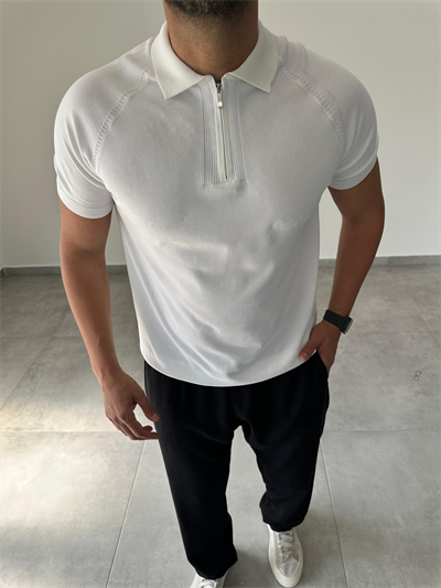 Polo Yaka Örgü Desenli Beyaz Renk Triko T-Shirt