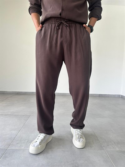 Modal Kumaş Kahve Renk Basic Baggy Pantolon