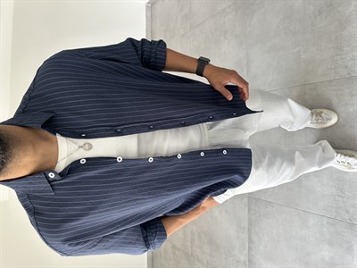 Lacivert Renk Çizgili Oversize Keten Gömlek