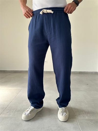 Lacivert Renk Müslin Keten Baggy Pantolon