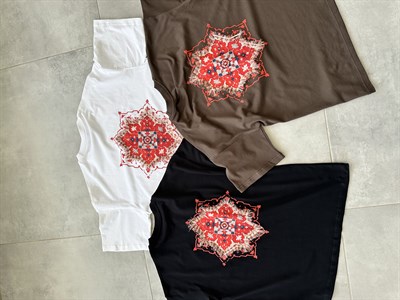 Kahve Renk Ethnic Nakış Ve Pantch Detaylı Oversize Kesim T-Shirt