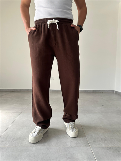 Kahve Renk Müslin Keten Baggy Pantolon