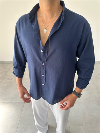 Lacivert Renk Oversize Kesim Fresh Keten Gömlek