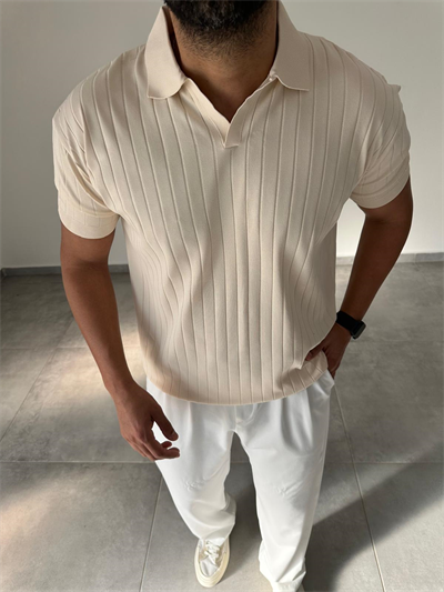 Bej Renk Şerit Detaylı Polo Yaka T-Shirt