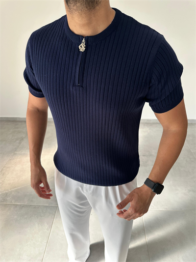 Lacivert Renk Fermuar Detaylı Premium Kalite Basic Triko T-Shirt