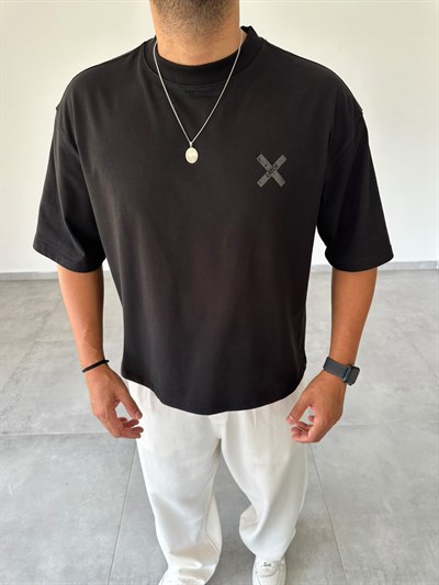Siyah Renk Catch Baskılı Crop Fit Oversize T-Shirt