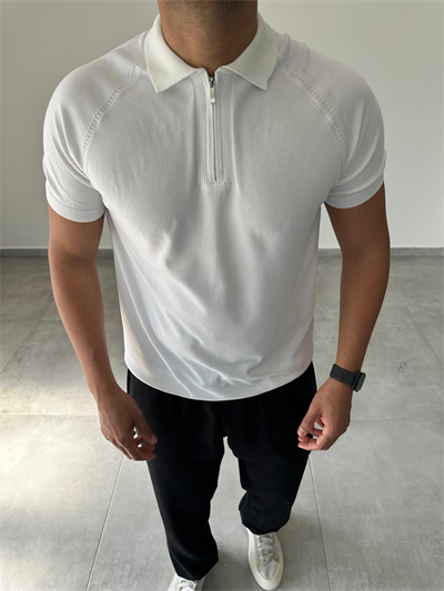 Polo Yaka Örgü Desenli Beyaz Renk Triko T-Shirt