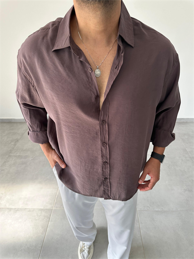 Kahve Renk Modal Kumaş Oversize Kesim Basic Gömlek
