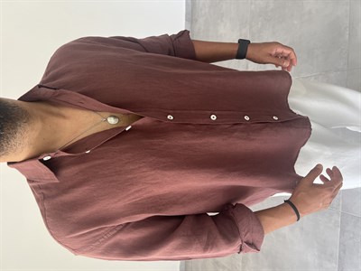 Ham Keten Oversize Kesim Kahve Renk Premium Keten Gömlek