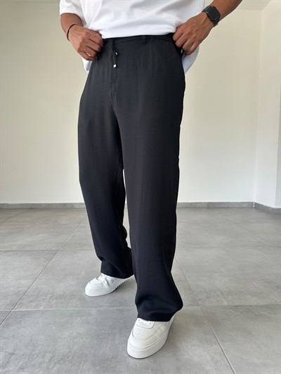 Tensel Kumaş Bel Kısmı Lastik Ve Bağcık Detaylı Siyah Renk Baggy Pantolon