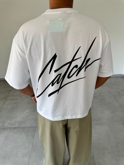 Beyaz Renk Catch Baskılı Crop Fit Oversize T-Shirt