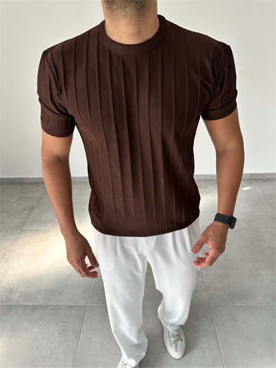 Şerit Detaylı Kahve Renk Basic T-Shirt