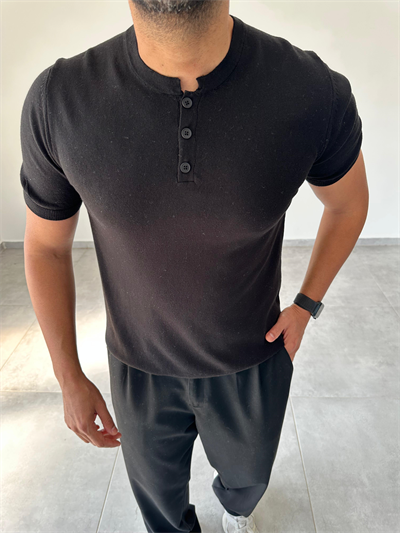 Düğme Detaylı Siyah Renk  Premium Kalite Basic Triko T-Shirt