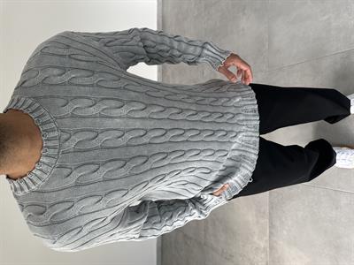 Saç Örgü Detaylı Asit Yıkama Gri Renk Oversize Kazak