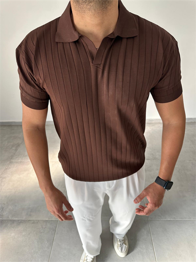 Kahve Renk Şerit Detaylı Polo Yaka T-Shirt