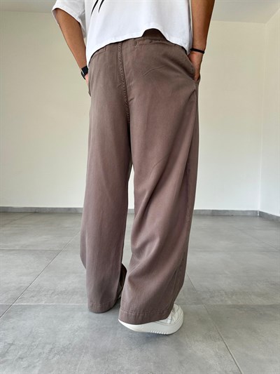 Kahve Renk  Dikiş Detaylı Bol Kesim Gabardin Baggy