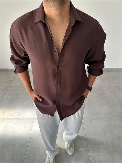 Modal Kumaş Kahve Renk Oversize Kesim Gömlek