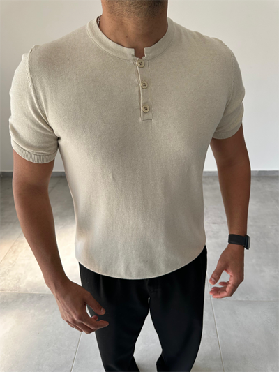 Düğme Detaylı Bej Renk  Premium Kalite Basic Triko T-Shirt