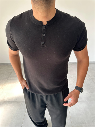 Düğme Detaylı Siyah Renk  Premium Kalite Basic Triko T-Shirt