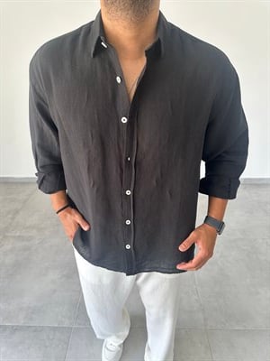 Ham Keten Oversize Kesim Siyah Renk Premium Keten Gömlek