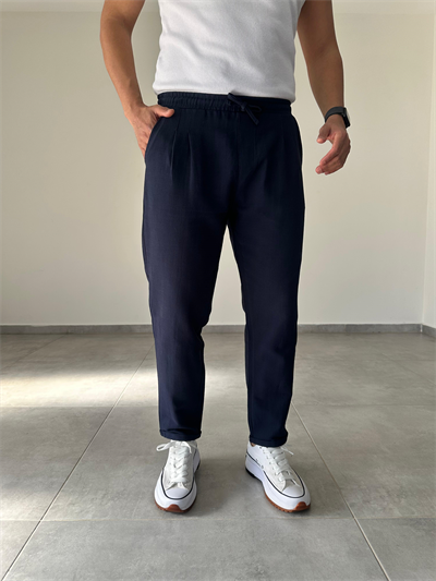 Lacivert Renk Ön Kısmı Pile Detaylı Double Paça Keten Pantolon
