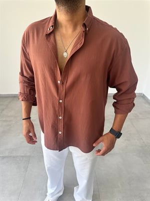 Kahve Renk Oversize Kesim Fresh Keten Gömlek