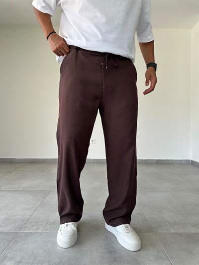 Tensel Kumaş Bel Kısmı Lastik Ve Bağcık Detaylı Kahve Renk Baggy Pantolon