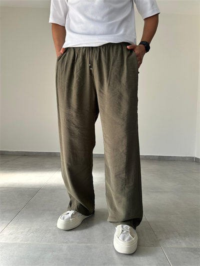 Tensel Kumaş Haki Yeşil Renk Rahat Kesim İnce Baggy Pantolon