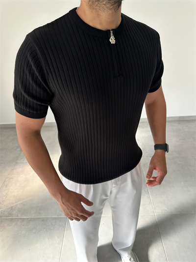 Siyah Renk Fermuar Detaylı Premium Kalite Basic Triko T-Shirt