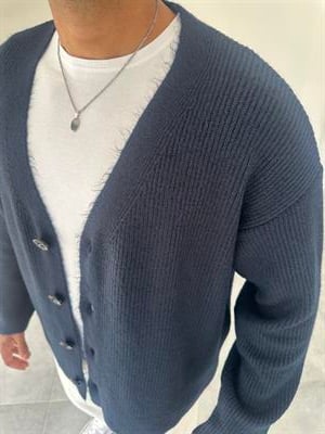 Lacivert Renk Oversize Kesim Örme Triko Ceket