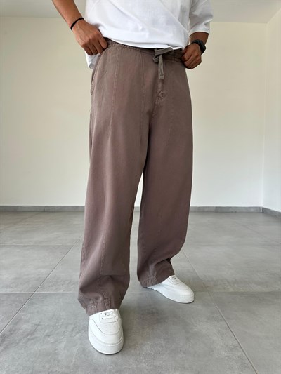 Kahve Renk  Dikiş Detaylı Bol Kesim Gabardin Baggy