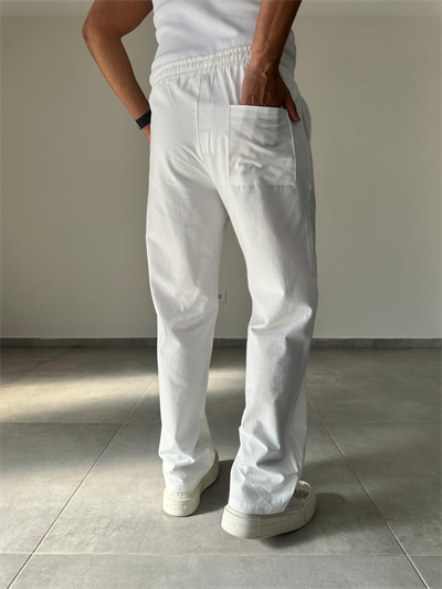 Beyaz Renk Yıkamalı Bel Kısmı Lastikli Baggy Keten Pantolon