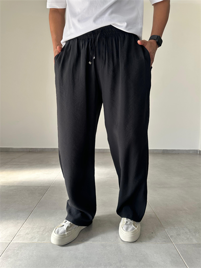 Tensel Kumaş Siyah Renk Rahat Kesim İnce Baggy Pantolon