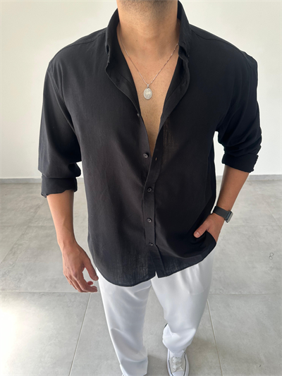 Siyah Renk Oversize Kesim Fresh Keten Gömlek